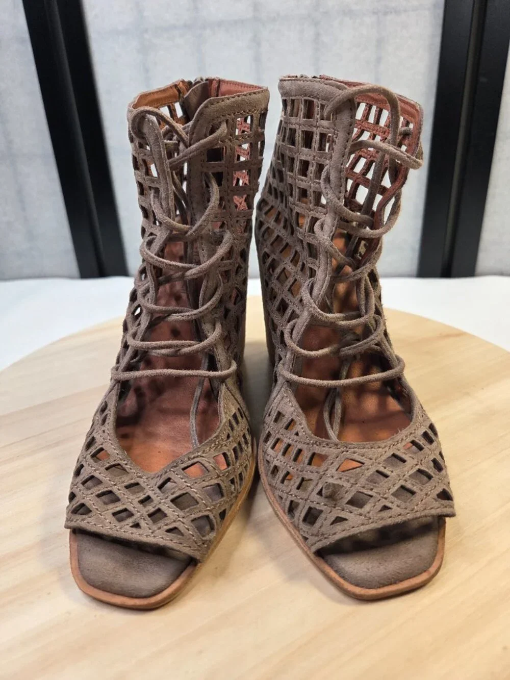 Jeffrey Campbell Taupe Laser Cut Suede Lace Up Wedge Open Toe Heels Women US 8